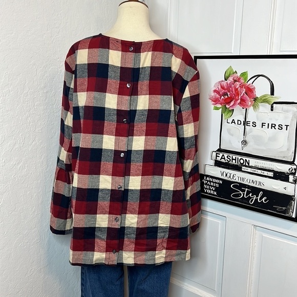 Hatch Plaid Flannel Button Back 3/4 Bell Sleeve Top O/S - Picture 5 of 10